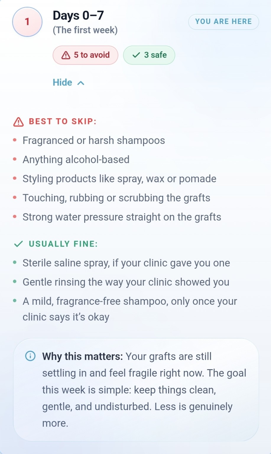 Real GraftGuide Days 0 to 7 aftercare guidance screen