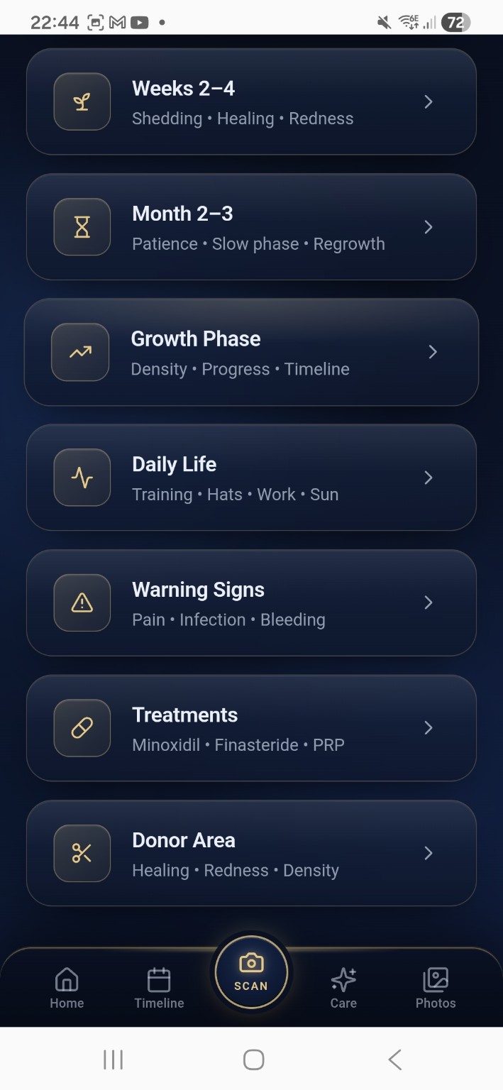 Real GraftGuide aftercare guide screen